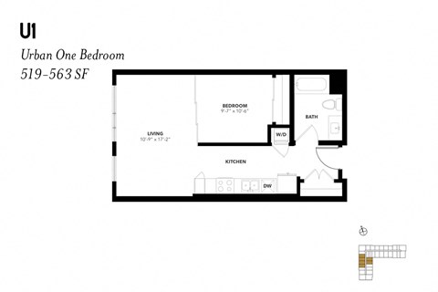 Floor plan for 1 bed, 1 bath, 600 sqft